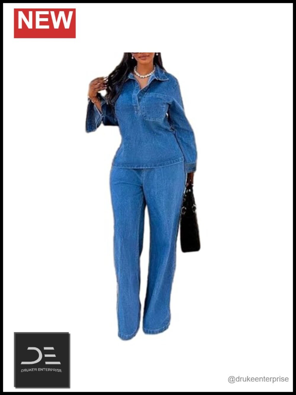 2 Piece Denim Set Women Long Sleeve Jean Blouse Wide Leg Pants Set